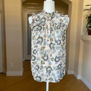 LOFT Paisley Ruffle Blouse - Cream and Blue